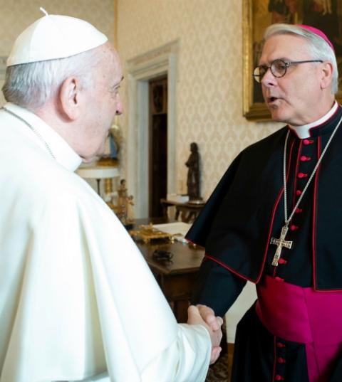 Pope Francis greets Oklahoma City Archbishop Paul Coakley at the Vatican Jan. 20. (CNS/Vatican Media)
