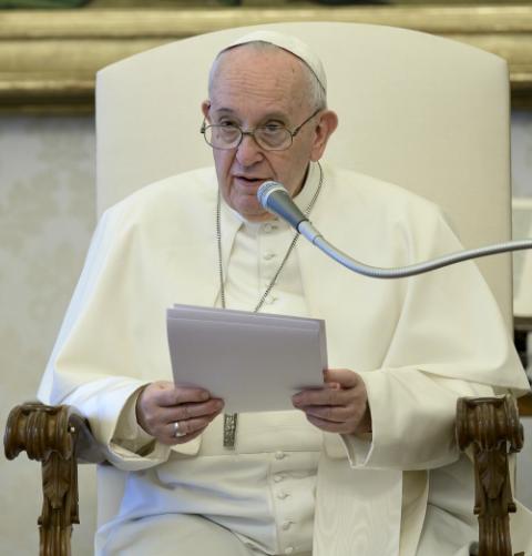 Pope Francis holds his weekly general audience April 22, 2020, in the papal library in the Apostolic Palace. Marking the celebration of Earth Day, the pope urged people to protect the Earth and its inhabitants. (CNS/Vatican Media) Pope Francis holds his weekly general audience April 22, 2020, in the papal library in the Apostolic Palace. Marking the celebration of Earth Day, the pope urged people to protect the Earth and its inhabitants. (CNS/Vatican Media)