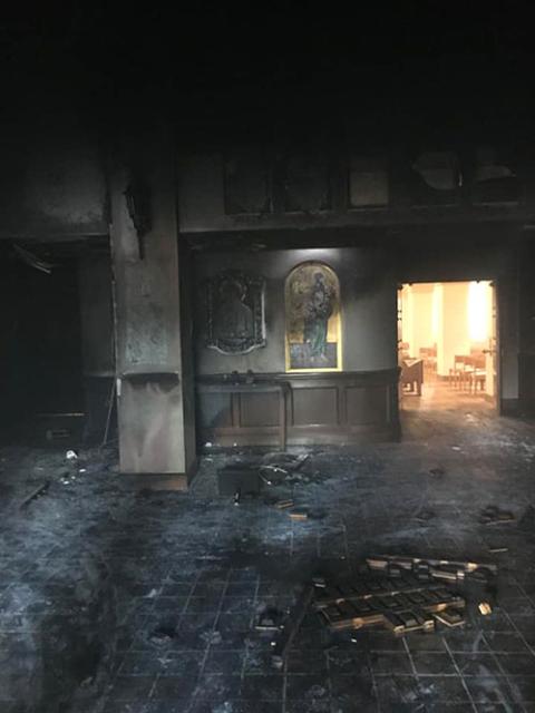Queen of Peace Catholic Church in Ocala, Florida, is seen July 13, 2020, after it was set ablaze by a suspect who drove his van through the front doors two days earlier. (CNS/Courtesy of The Florida Catholic)