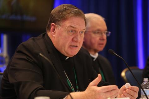 Cardinal Joseph Tobin of Newark, New Jersey, answers questions alongside Archbishop José Gomez of Los Angeles during a news conference at the fall general assembly of the U.S. bishops' conference in Baltimore Nov. 12, 2019. (CNS/Bob Roller)