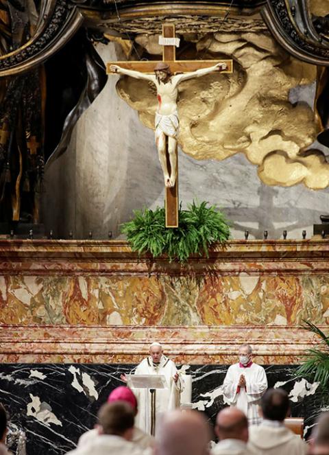 Pope Francis gives the homily as he celebrates Holy Thursday chrism Mass in St. Peter's Basilica at the Vatican April 1, 2021. (CNS/Andrew Medichini, Reuters pool)