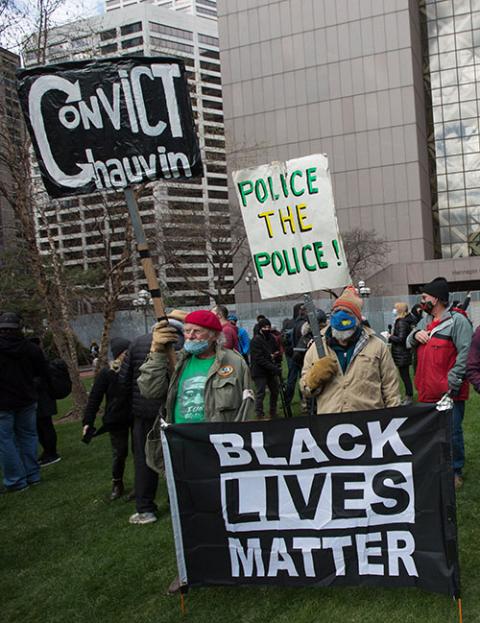 People gather near the Hennepin County Government Center in Minneapolis April 20 to await the verdict in the trial of former Minneapolis police officer Derek Chauvin. (CNS/The Catholic Spirit/Dave Hrbacek) People gather near the Hennepin County Government Center in Minneapolis April 20 to await the verdict in the trial of former Minneapolis police officer Derek Chauvin. (CNS/The Catholic Spirit/Dave Hrbacek)