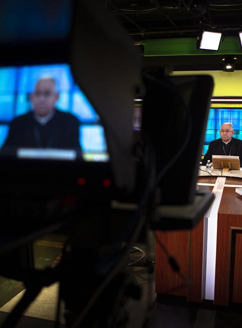 Los Angeles Archbishop José Gomez, president of the U.S. Conference of Catholic Bishops, is seen during a news conference at conference headquarters in Washington June 16, 2021. (CNS/Tyler Orsburn) Los Angeles Archbishop José Gomez, president of the U.S. Conference of Catholic Bishops, is seen at conference headquarters in Washington June 16, 2021. (CNS/Tyler Orsburn)