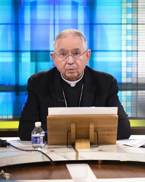 Los Angeles Archbishop José Gomez, president of the U.S. Conference of Catholic Bishops, holds a news conference in Washington June 16, during the bishops' 2021 spring assembly. (CNS/Tyler Orsburn)