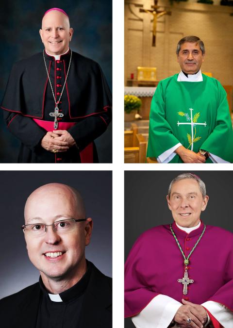 Pictured clockwise, from top left, are Archbishop Samuel J. Aquila of Denver, Auxiliary Bishop Jorge Rodriguez of Denver, Bishop Stephen J. Berg of Pueblo, Colo., and Bishop James R. Golka of Colorado Springs, Colo. In an Aug. 6, 2021, letter about vaccin