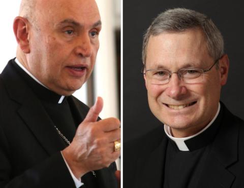 Washington Auxiliary Bishop Mario Dorsonville and Bishop David Malloy of Rockford, Illinois, are seen in this composite photo. (CNS composite; photos by Javier Diaz, Catholic Standard, and Nancy Wiechec)