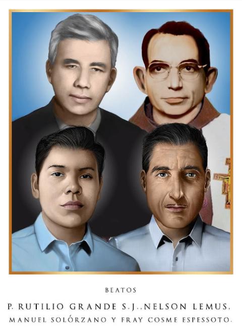 Here is the official portrait of four Salvadorans set for beatification in El Salvador Jan. 22, 2022. Top row: Jesuit Fr. Rutilio Grande and Franciscan Fr. Cosme Spessotto. Bottom row: Nelson Lemus and Manuel Solórzano. (CNS illustration)
