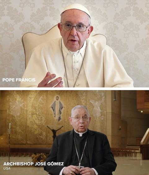 Pope Francis and Archbishop José H. Gomez of Los Angeles, president of the U.S. Conference of Catholic Bishops, are pictured in a video for an ad campaign promoting COVID-19 vaccines throughout the Americas. From early in the COVID-19 pandemic, the pope h Pope Francis and Archbishop José H. Gomez of Los Angeles, president of the U.S. Conference of Catholic Bishops, are pictured in a video for an ad campaign promoting COVID-19 vaccines throughout the Americas. From early in the COVID-19 pandemic, the pope h