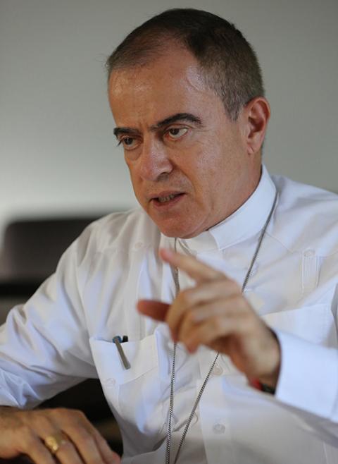 Archbishop Roberto González Nieves of San Juan, Puerto Rico, gestures during an interview with a Catholic News Service reporter in San Juan Oct. 25, 2017. (CNS/Bob Roller)