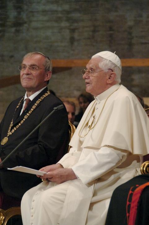 Pope Benedict XVI lectures on faith and reason at the University of Regensburg in Germany in this Sept. 12, 2006, file photo. A quotation from a Byzantine emperor that the pope used in this talk provoked outrage in the Muslim world, but the incident later led to increased dialogue with Muslims.