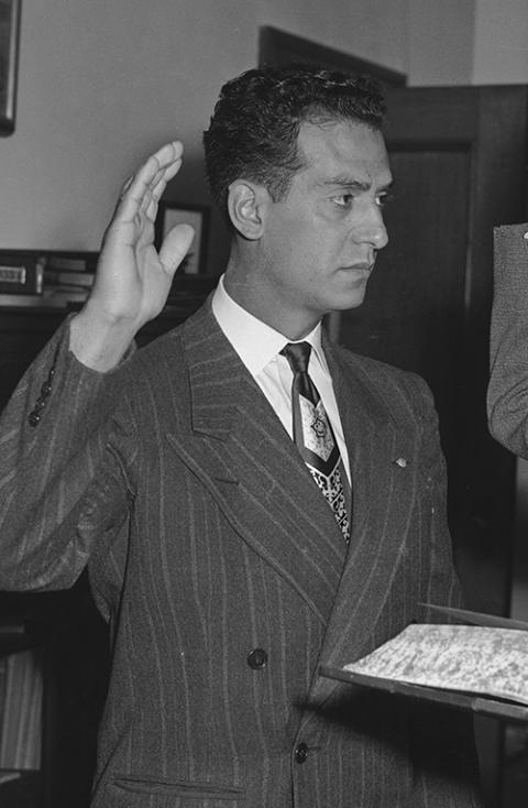 Edward Roybal is sworn in as the first Mexican American councilman for the city of Los Angeles in 1946. (UCLA Charles E. Young Research Library Department of Special Collections)