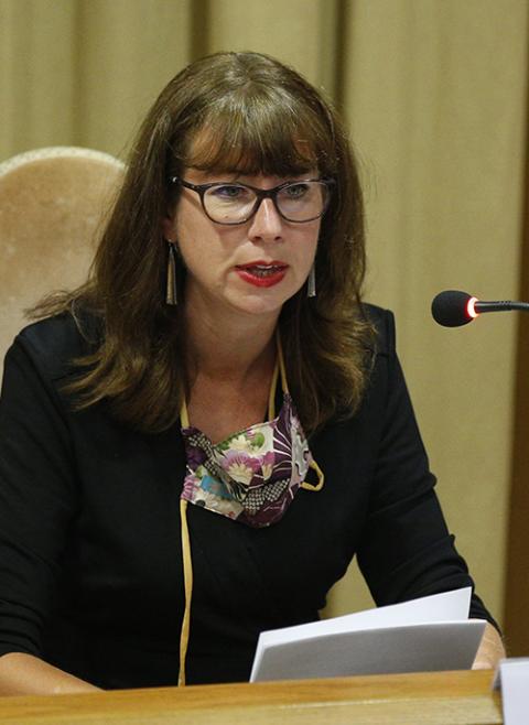 Anna Rowlands, professor of Catholic social thought and practice at Durham University in the United Kingdom, speaks at a press conference for the release of Pope Francis' encyclical, "Fratelli Tutti" at the Vatican Oct. 4, 2020. (CNS/Paul Haring) Anna Rowlands, professor of Catholic social thought and practice at Durham University in the United Kingdom, speaks at a press conference for the release of Pope Francis' encyclical, "Fratelli Tutti" at the Vatican Oct. 4, 2020. (CNS/Paul Haring)