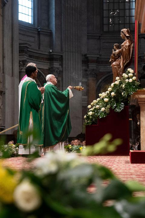 Pope Francis uses incense to venerate a Marian statue as he celebrates the opening Mass of the Synod of Bishops for the Amazon in St. Peter's Basilica Oct. 6, 2019, at the Vatican. (CNS/Vatican Media)