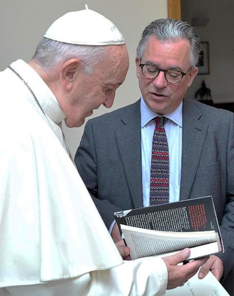 Pope Francis meets with author Austen Ivereigh in November 2019. (CNS/Vatican Media)