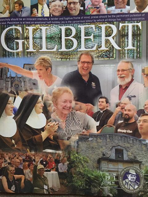 An issue of Gilbert Magazine from 2015 includes photos of former Gilbert magazine editor Sean Dailey, Emma Fox Wilson (pointing), and John Médaille receiving the Outline of Sanity award from Chesterton Society President Dale Ahlquist. (Courtesy of John Médaille)
