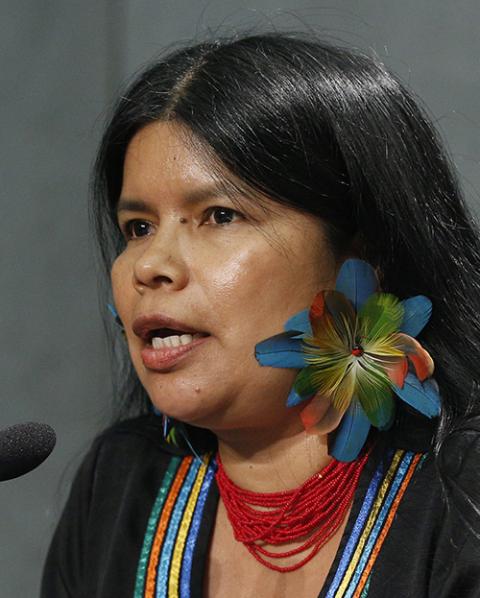 Patricia Gualinga speaks at a news conference to discuss the Synod of Bishops for the Amazon at the Vatican Oct. 17, 2019. (CNS/Paul Haring)
