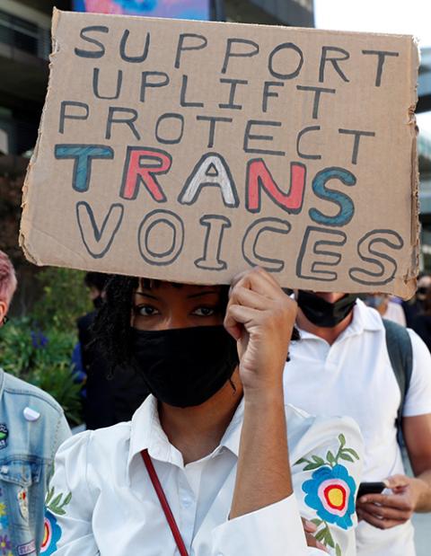 People attend a rally in support of transgender rights in Los Angeles Oct. 20, 2021. (CNS/Reuters/Mario Anzuoni)