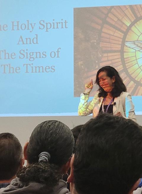 Yunuen Trujillo at her workshop on inclusive ministry for LGBTQ Catholics during the Los Angeles Religious Education Congress in Anaheim, California (NCR photo/Heidi Schlumpf)
