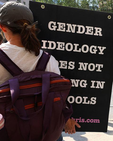 A person protests medical treatments for youth who identify as transgender outside Children's Hospital in Boston Sept. 18, 2022. (OSV News/Reuters/Brian Snyder)