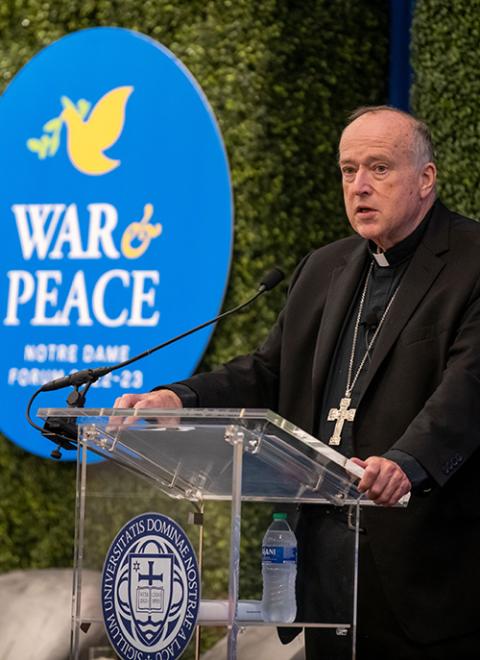 San Diego Cardinal Robert McElroy speaks at an event titled "New and Old Wars, New and Old Challenges to Peace" on March 1, 2023, at the University of Notre Dame in Indiana. (University of Notre Dame/Barbara Johnston)
