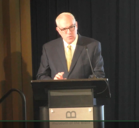 EWTN CEO and chairman Michael Warsaw addresses the audience during the "Journalism in a Post-Truth World" conference, sponsored by EWTN and Franciscan University March 10-11 at the Museum of the Bible in Washington, D.C. (NCR screenshot)