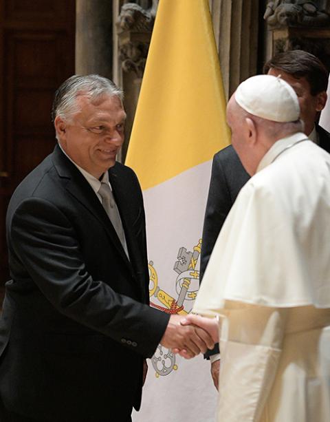Pope Francis greets Hungarian Prime Minister Viktor Orbán in Budapest, Hungary, on Sept. 12, 2021. (CNS/Vatican Media)