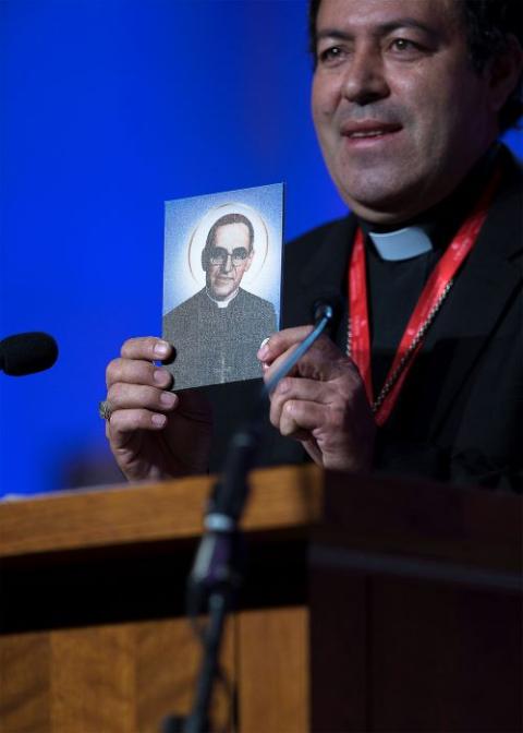 Bishop Constantino Barrera Morales of Sonsonate, El Salvador, talks about the upcoming canonization of Blessed Oscar Romero during a Sept. 23, 2018, presentation at the Fifth National Encuentro in Grapevine, Texas. Romero, the archbishop of San Salvador who was assassinated in 1980, was canonized Oct. 14, 2018.(CNS/Tyler Orsburn)