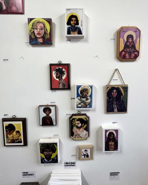Hand-painted modern saints icons at artist Gracie Morbitzer's studio in Columbus, Ohio