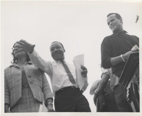 Martin Luther King, Jr. and Harry Belafonte near the podium at the Montgomery March in 1965. (Wikimedia Commons/Center for Jewish History, NYC)