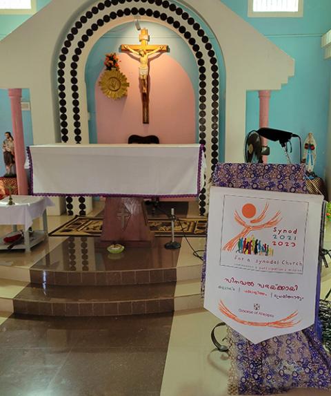 A banner for the Synod of Bishops on synodality is seen in St. Anthony Mission Station in Ambalapuzha, India, March 5. The synod team for the Alleppey Diocese worked to make sure all parishes were involved in listening sessions for the synod. (OSV News/Barb Fraze)