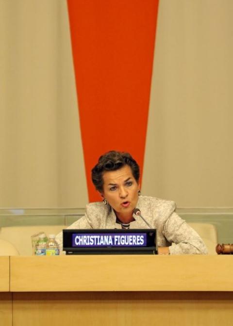 Christiana Figueres, executive secretary of the U.N. Framework Convention on Climate Change, addresses the audience during a presentation on Pope Francis' encyclical on the environment June 30, 2015, at U.N. headquarters in New York City. (CNS/Gregory A. Shemitz)