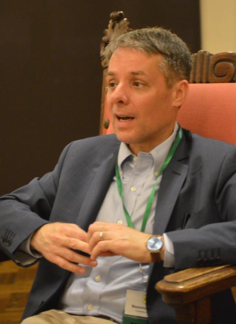 Massimo Faggioli, professor of theology and religious studies at Villanova University, waits to answer questions after his presentation on the synodal process June 12 during the annual assembly of the Association of U.S. Catholic Priests at the University of San Diego. (Association of U.S. Catholic Priests/Paul Leingang)