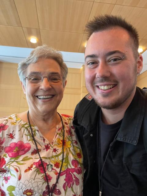Sr. Luisa Derouen, who has ministered among the transgender community for more than two decades, is pictured with Maxwell Kuzma, a transgender Catholic, during a conference for LGBTQ Catholics and those in LGBTQ-related ministry. The gathering was held at New York's Fordham University in June. (Courtesy of Maxwell Kuzma)
