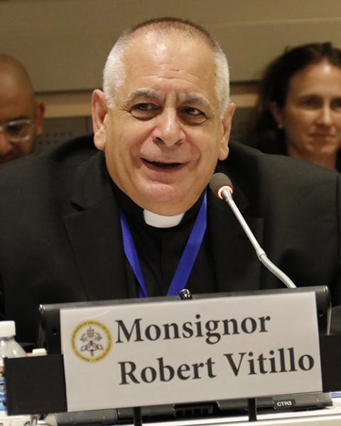 Msgr. Robert Vitillo speaks during a high-level side event Sept. 19, 2016, at the United Nations on the role of religious organizations in responding to the refugee and migration crisis. (CNS/Gregory A. Shemitz)