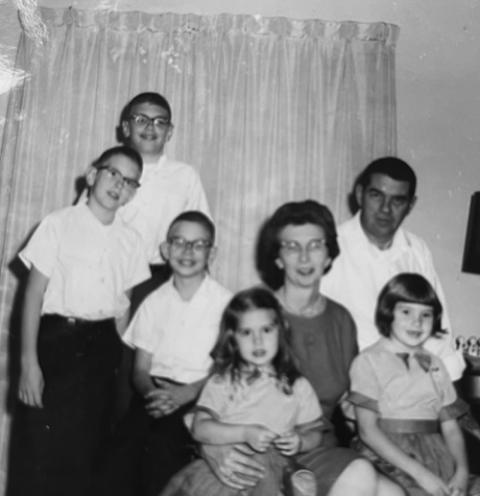 Maureen Geary, bottom center, in a family photo from about 1962. In the photo are, from left, brothers Tim, Pat and Mike; parents Marian and Francis; and little sister Sheila. (Courtesy of Maureen Geary)