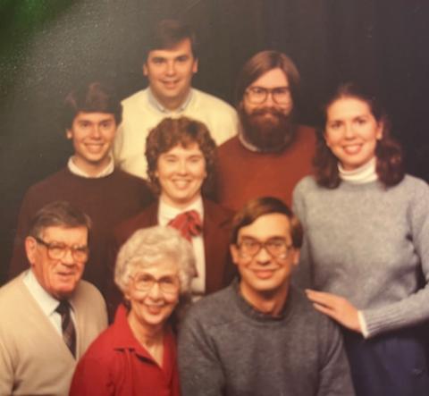 A Geary family photo from about 1984, the year before Francis Geary died. Maureen Geary is in the center, surrounded by (clockwise from top) Pat, Tim, Sheila, Mike, parents Marian and Francis, and Kevin. (Courtesy of Maureen Geary)
