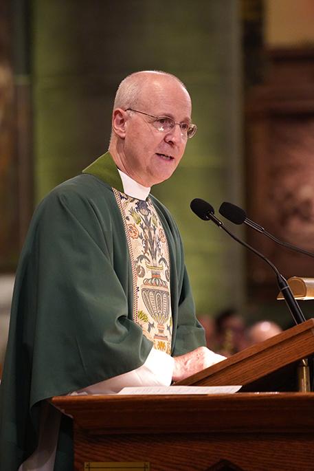 Jesuit Fr. James Martin delivers the homily during the closing Mass for the Outreach LGBTQ Catholic Ministry Conference at the Church of St. Paul the Apostle June 18 in New York City. Martin's book Come Forth explores our everyday metaphorical deaths and resurrections through the biblical story of Jesus and Lazarus. (OSV News/Gregory A. Shemitz)