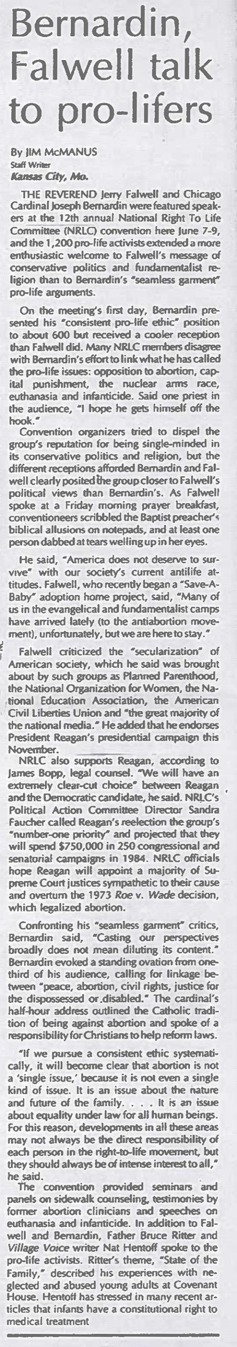 Digital scan of "Bernardin, Falwell talk to pro-lifers," on Page 10 of the NCR print issue dated June 22, 1984 (NCR archives)