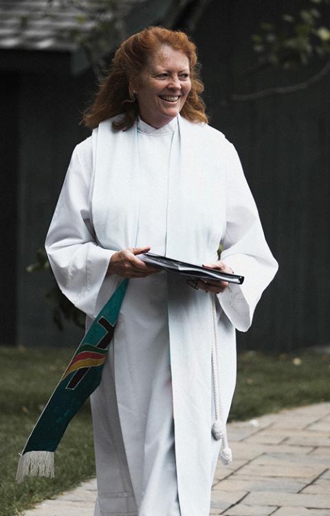 Mary Ramerman, founding pastor of Spiritus Christi Church, arrives at a wedding in Stowe, Vermont, on Sept. 4, 2022. (Zack Griswold)