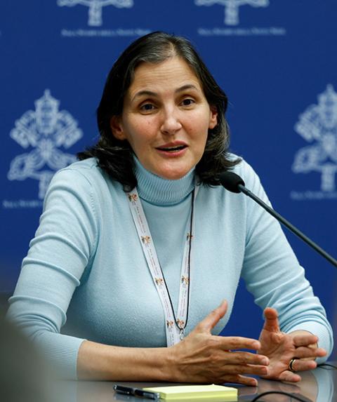 Company of Mary Sr. Liliana Franco Echeverri speaks during a briefing about the assembly of the Synod of Bishops at the Vatican Oct. 10. (CNS/Lola Gomez)