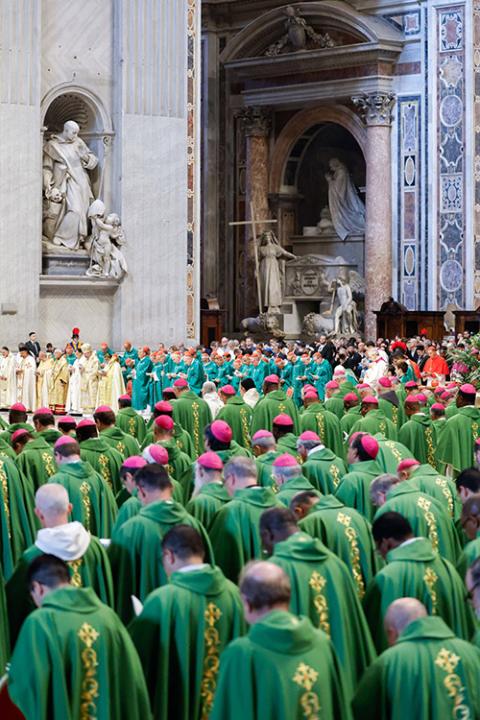 Cardinals and bishops join Pope Francis as he presides over Mass, marking the end of the first session of the assembly of the synod of on synodality at the Vatican Oct. 29. (CNS/Lola Gomez)