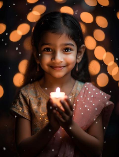 Ragazza tiene una candela davanti a un display di luci.