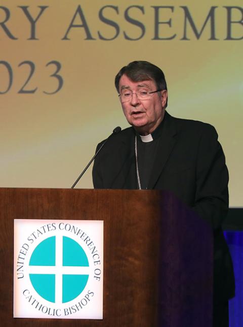 Then-Archbishop Christophe Pierre, the apostolic nuncio to the United States, speaks June 15 during the U.S. Conference of Catholic Bishops' spring plenary assembly in Orlando, Florida. (OSV News/Bob Roller)