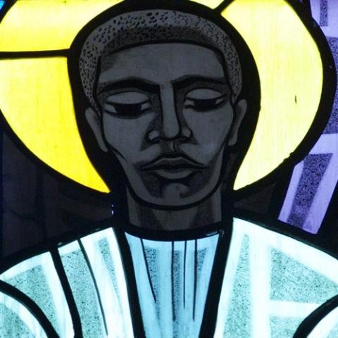 St. Charles Lwanga is depicted in a window at St. Jerome Church in Hyattsville, Maryland. (OSV News/CNS file/Bob Roller)