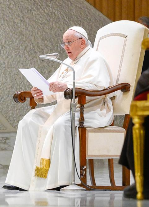 Pope Francis speaks to people taking part in a meeting organized by the Catholic Charismatic Renewal International Service in the Paul VI Audience Hall at the Vatican Nov. 4. (CNS/Vatican Media)