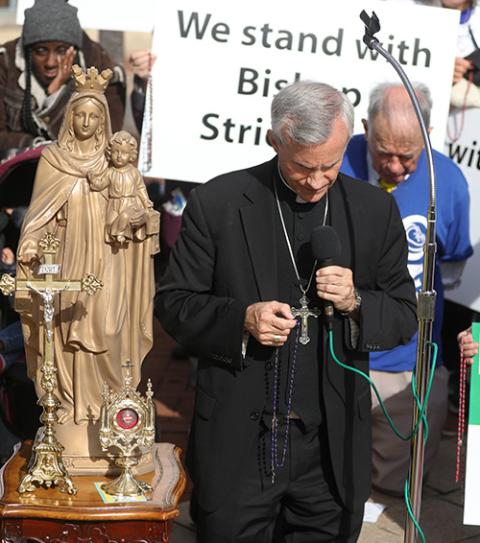 Bishop Joseph Strickland leads the recitation of the rosary Nov. 15 outside the site of the fall general assembly of the U.S. Conference of Catholic Bishops in Baltimore. (OSV News/Bob Roller)