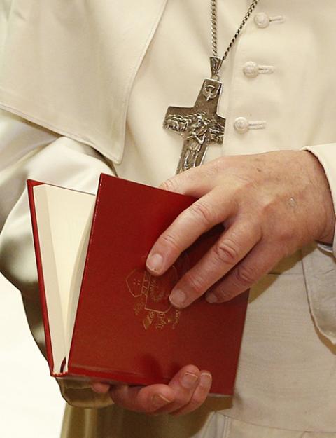Pope Francis holds a copy of his exhortation Evangelii Gaudium in 2014. (CNS/Paul Haring)