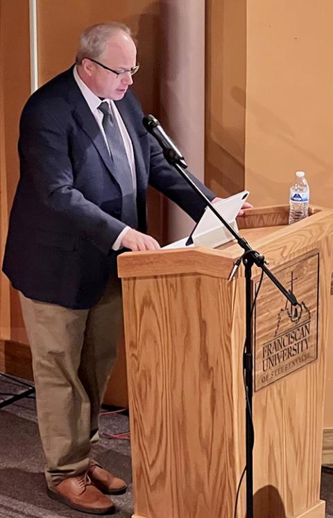 Harvard Law professor Adrian Vermeule speaks on the American administrative state during a Oct. 7-8, 2022, conference, "Restoring A Nation: The Common Good in the American Tradition," at Franciscan University of Steubenville, Ohio. (NCR photo/Brian Fraga)