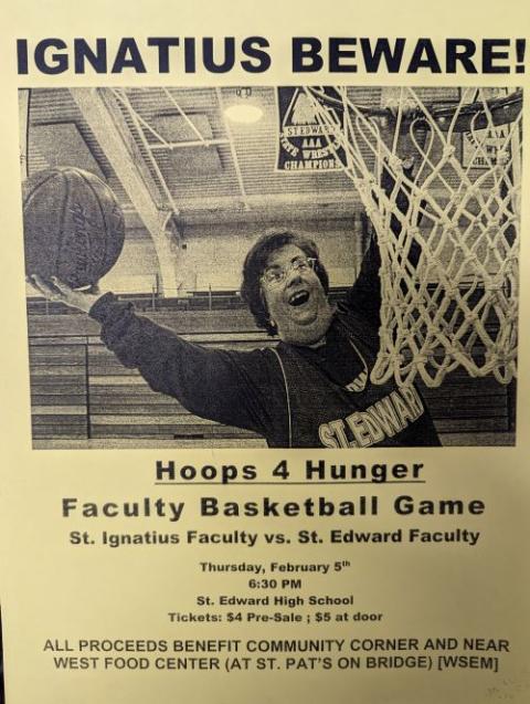 A flyer shows a photo of a woman dunking a basketball. 