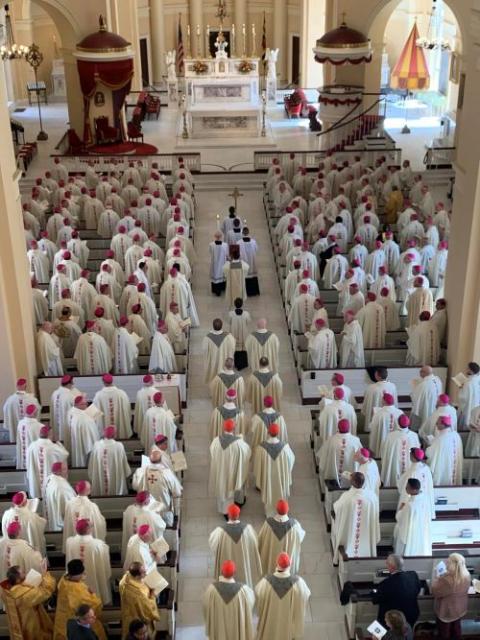 Bishops attend Mass Nov. 13 at the Basilica of the National Shrine of the Assumption of the Blessed Virgin Mary in Baltimore at the start of their 2023 fall plenary assembly. (OSV News/Courtesy of Baltimore Basilica/Angelus Virata)